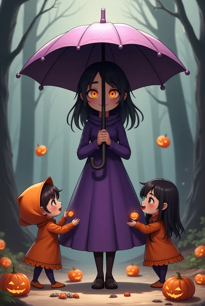 "trick or treat." hand drawing, conceptual installation artwork, small jack-o'-lanterns fall from the sky like raindrops. a witc...