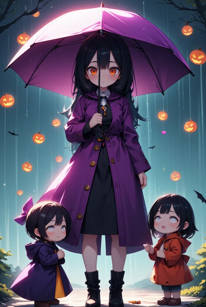 "Trick or treat." hand drawing, conceptual installation artwork, small Jack-o'-lanterns fall from the sky like raindrops. A witch in purple clothes hides behind a large umbrella. Children with sweets take shelter at the witch's feet, delicate and dynamic textures, contrasts of light and shadow, 2.5D, BREAK ultra detailed, absolutely resolution, best quality