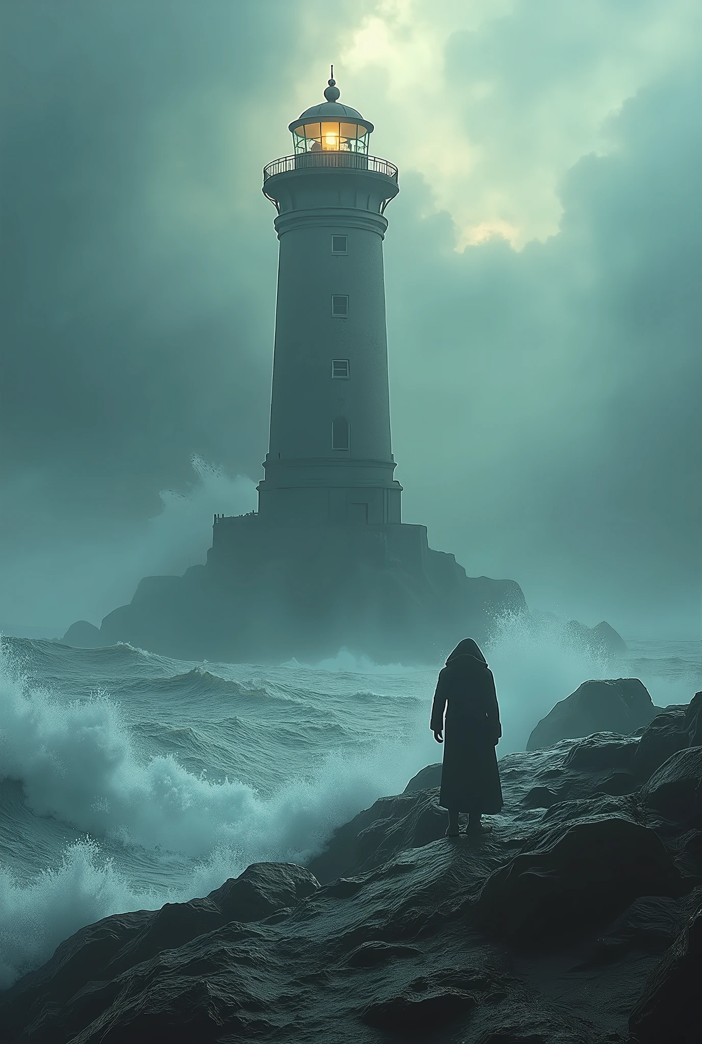 masterpiece,Highest quality,raw photo,Ray Tracing,Detailed lighthouse,Lonely、Madness、The confrontation between nature and humans