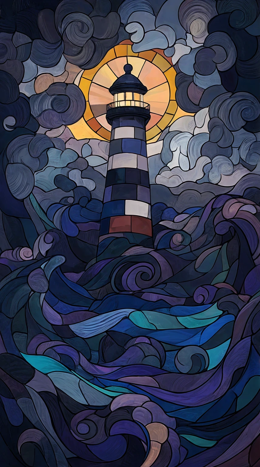 a realistic illustration of a stormy lighthouse scene, vibrant multicolored stained glass, detailed glass windows, dramatic clouds, crashing waves, rocky coastline, moonlight, dramatic lighting, cinematic, photorealistic, intricate details, ultra-detailed, 8k, high resolution, masterpiece