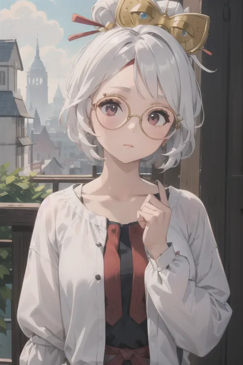 (masterpiece), (best quality),
alone, one girl, 
plastic, gray hair,  glasses, hair accessories,