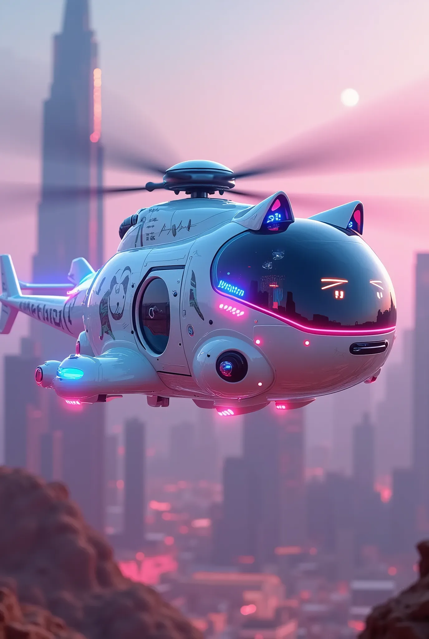 A futuristic, high-tech big fat cat shape helicopter hybrid flying above skyscraper view from ground, showcasing a mesmerizing fusion of white glowing blue, and neon pink colors. The cat's sleek, fat body features intricately designed cat face symbols, pulsing glowing LED lights, and small, multicolored lights embedded throughout the vehicle's body, creating a dazzling display. The big cat-bus boasts  with a metallic silver rim, adding to its futuristic appeal. Set against a stunning, vibrant desert location , with  the image radiates energy and excitement. The entire scene is bathed in a captivating pink-blue color background in blue colour 