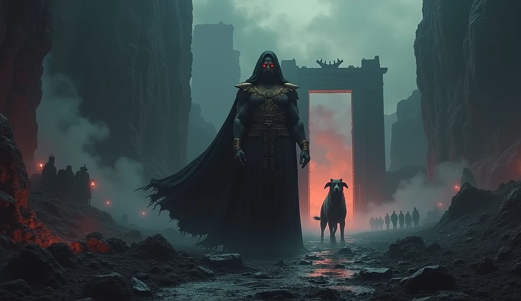 A dark and mysterious scene depicting Hades, the mighty god of the Underworld, standing majestically in the middle of his infernal kingdom. He is surrounded by a gloomy landscape of vast plains of ash and volcanic rock, crossed by the rivers Styx and Acheron, whose dark, tormented waters reflect a dim, reddish light (Hades: 1.8). Hades wears a long black cloak adorned with golden detailing, his eyes glowing with an icy, menacing gleam. At his feet, his faithful three-headed dog, Cerberus, guards the entrance to the realm of the dead, his blazing eyes piercing the darkness.

In his hand, Hades holds a scepter made of obsidian, and a faint halo of darkness surrounds him, illustrating his power over souls. In the background, the shadows of wandering souls can be seen against the rocky walls of his kingdom, while columns of smoke rise from cracks in the ground. In the distance, the entrance to the Underworld is marked by imposing iron gates, covered in mystical symbols. The atmosphere is heavy, bathed in a reddish light from the underground fires, reinforcing the imposing, merciless character of Hades. Ultra-detailed, 8K quality, with a focus on the texture of shadows, the rocky aspect of the Underworld, and the fearsome aura of Hades.