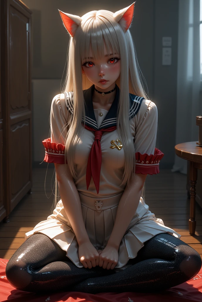 (masterpiece), best quality, ultra high res, full-body shot, sitting crossed legs pose, slim body, soviet style, 1girl, (black glittery pantyhose with gliterry diamonds, white pleated skirt, soviet uniform sweater),long hair, sopi, photon mapping, physically-based rendering, cinematic lighting, intricate, High Detail, Sharp focus, dramatic, photorealistic, cat ears