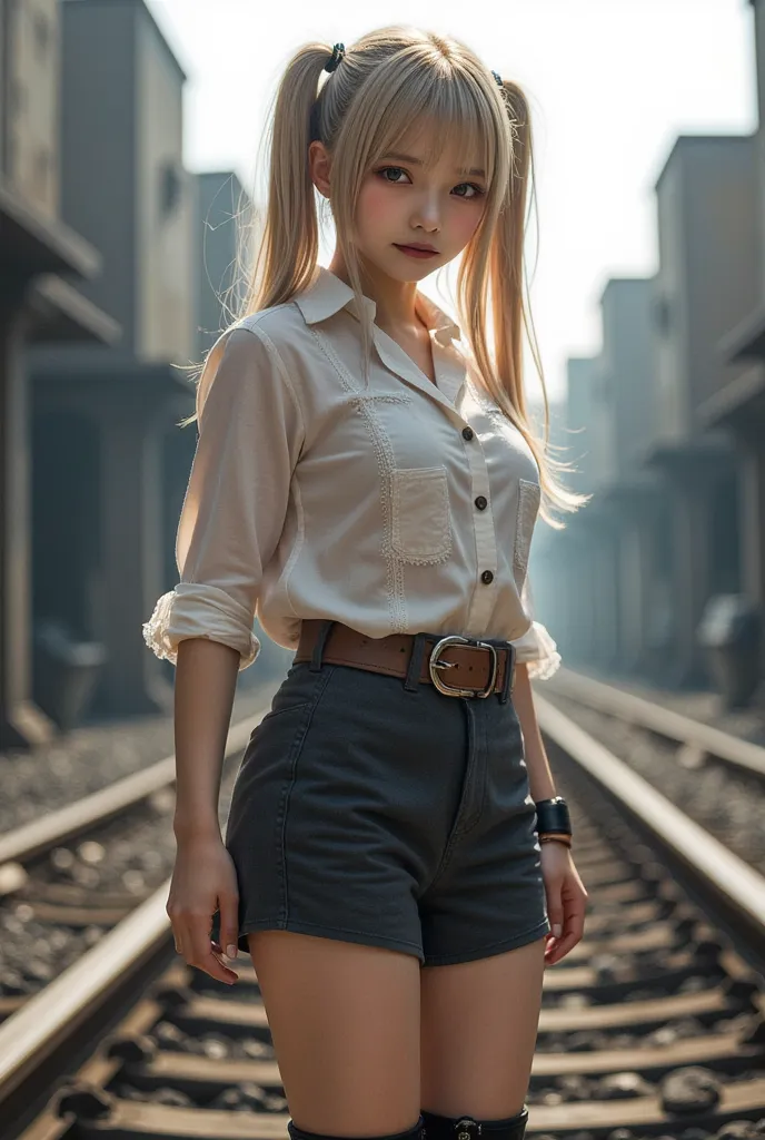 1 girl, alone, gal, full body, hand in own hair,(long twin tails),hair ribbon,blonde,brown eyes、jiraikei　make、white blouse with ...