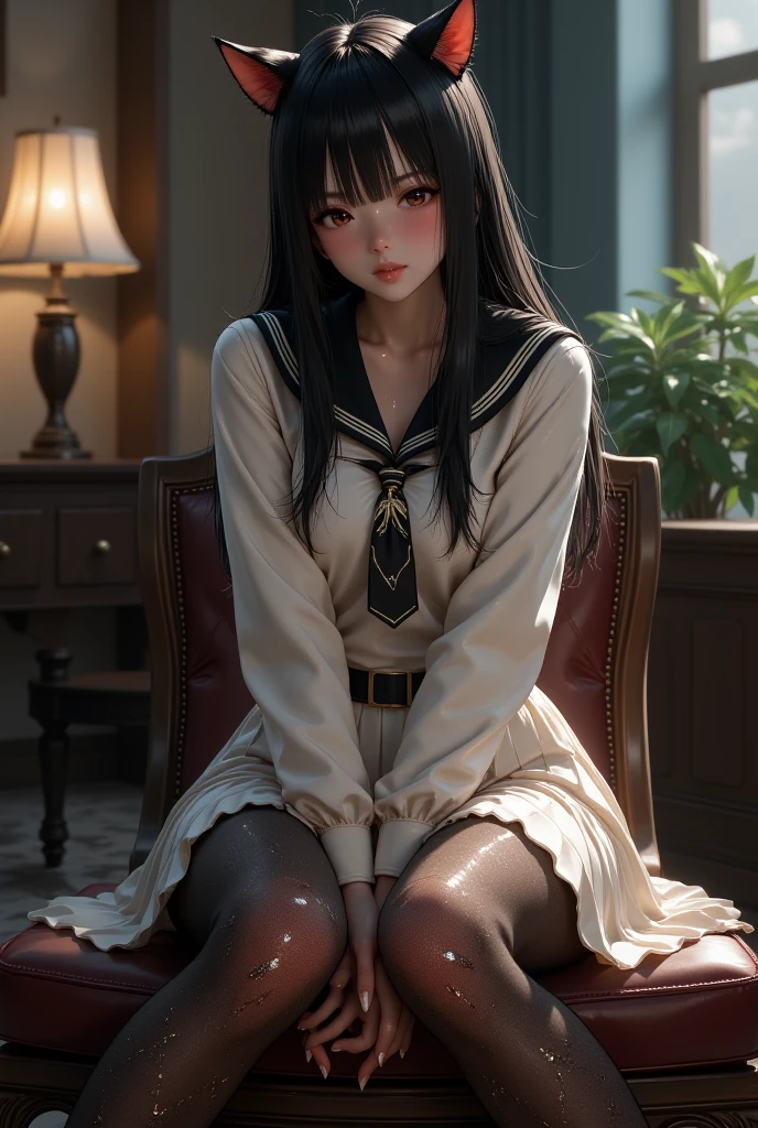 (masterpiece), best quality, ultra high res, full-body shot, sitting crossed legs pose, slim body, soviet style, 1girl, (black glittery pantyhose with gliterry diamonds, white pleated skirt, soviet uniform sweater),long hair, sopi, photon mapping, physically-based rendering, cinematic lighting, intricate, High Detail, Sharp focus, dramatic, photorealistic, cat ears