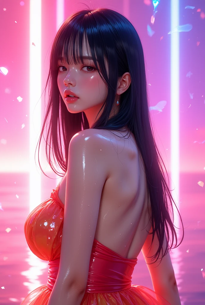 (masterpiece), best quality, ultra high res, photon mapping, physically-based rendering, cinematic lighting, intricate, High Detail, Sharp focus, dramatic, photorealistic, A beautiful woman in a colorful rainbow theme gradient dress, bright colors, high saturation, glow, colorful pink and purple gradient lights in background, shiny skin, anime realism blend, surreal 