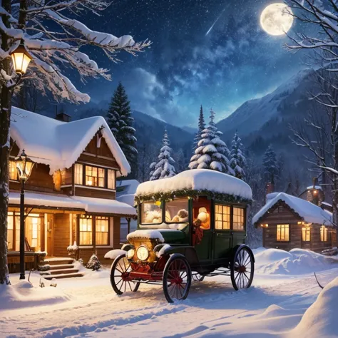 snowの反射、Landscape painting、Background only、Northern Europe、snow、night、loose、Christmas、Santa Claus、present