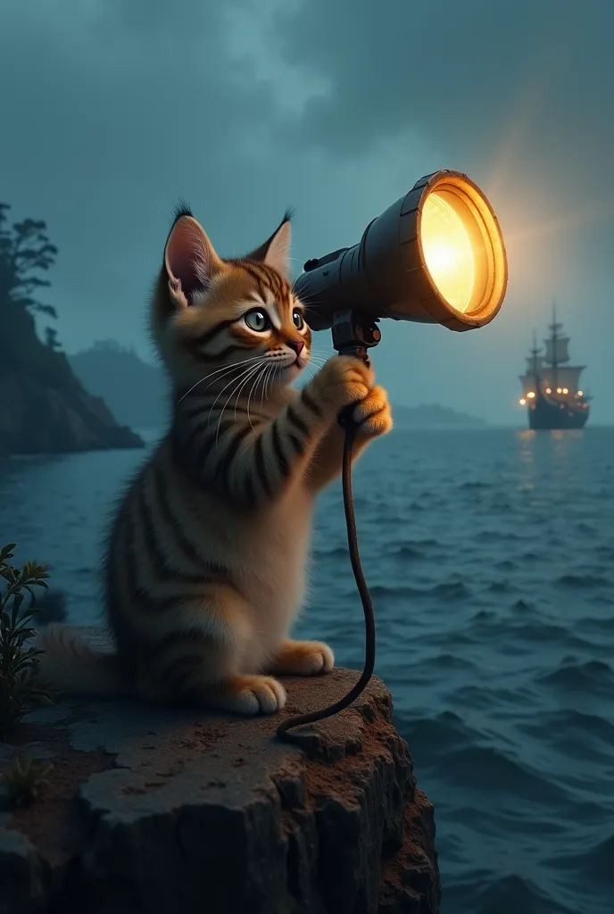 The world&#39;s cutest brown tiger-striped kitten holding a searchlight to illuminate the night sea、Misty sea cape、Realistic、A ship illuminated by a searchlight