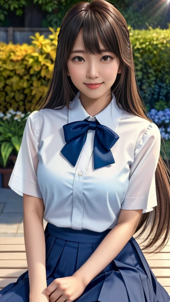 product quality, 1girl, upper body shot, front view, a Japanese young pretty woman, long hair, glamorous figure, wearing a short sleeves white collared silky shirt with a dark blue satin plain bow tie, wearing a dark blue pleated long skirt, sitting with a big smile on a bench  in a garden of a school, sandwiches in her hand, hyper cute face, glossy lips, double eyelids in both eyes, natural makeup, long eyelashes, shiny smooth light brown long hair, asymmetrical bangs, a tanned skin, central image, high resolution, high detail, detailed hairstyle, detailed face, spectacular cinematic lighting, octane rendering, vibrant, hyper realistic, perfect limbs, perfect anatomy