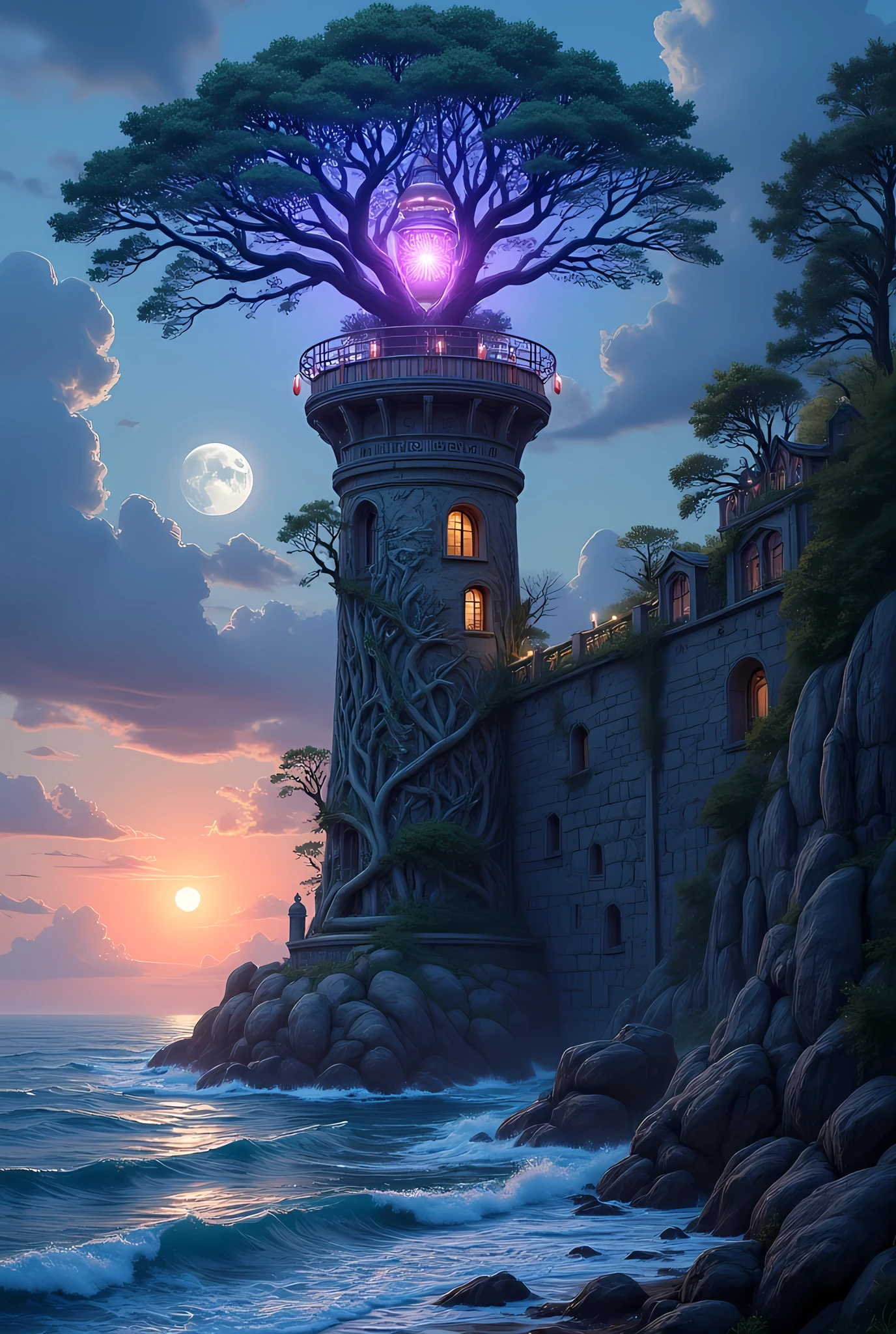 there is a magical lighthouse in built by the elves, it is standing in the sea part of the wall surrounding the city of elves, it is made by tree and has vines climbing its walls. Elven architecture, there are some magical runes on the lighthouse, the runes are blue and purple, the top of the lighthouse sends a beacon of light into the sea, its is sunset, the moon is rising and there are some stars, fantasy art, high fantasy art, magical art, hyp3rd3tail style, 