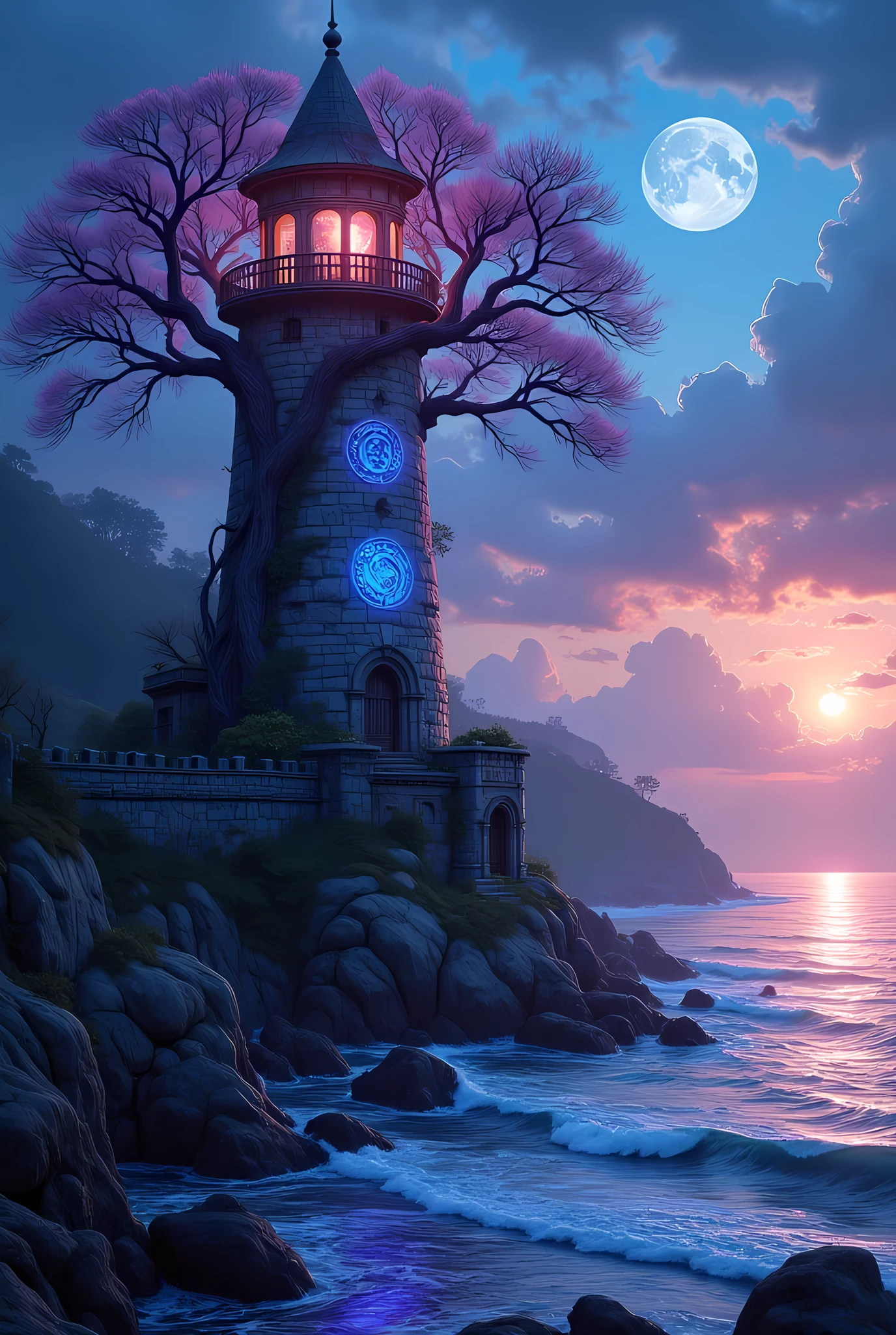 there is a magical lighthouse in built by the elves, it is standing in the sea part of the wall surrounding the city of elves, it is made by tree and has vines climbing its walls. Elven architecture, there are some magical runes on the lighthouse, the runes are blue and purple, the top of the lighthouse sends a beacon of light into the sea, its is sunset, the moon is rising and there are some stars, fantasy art, high fantasy art, magical art, hyp3rd3tail style, 