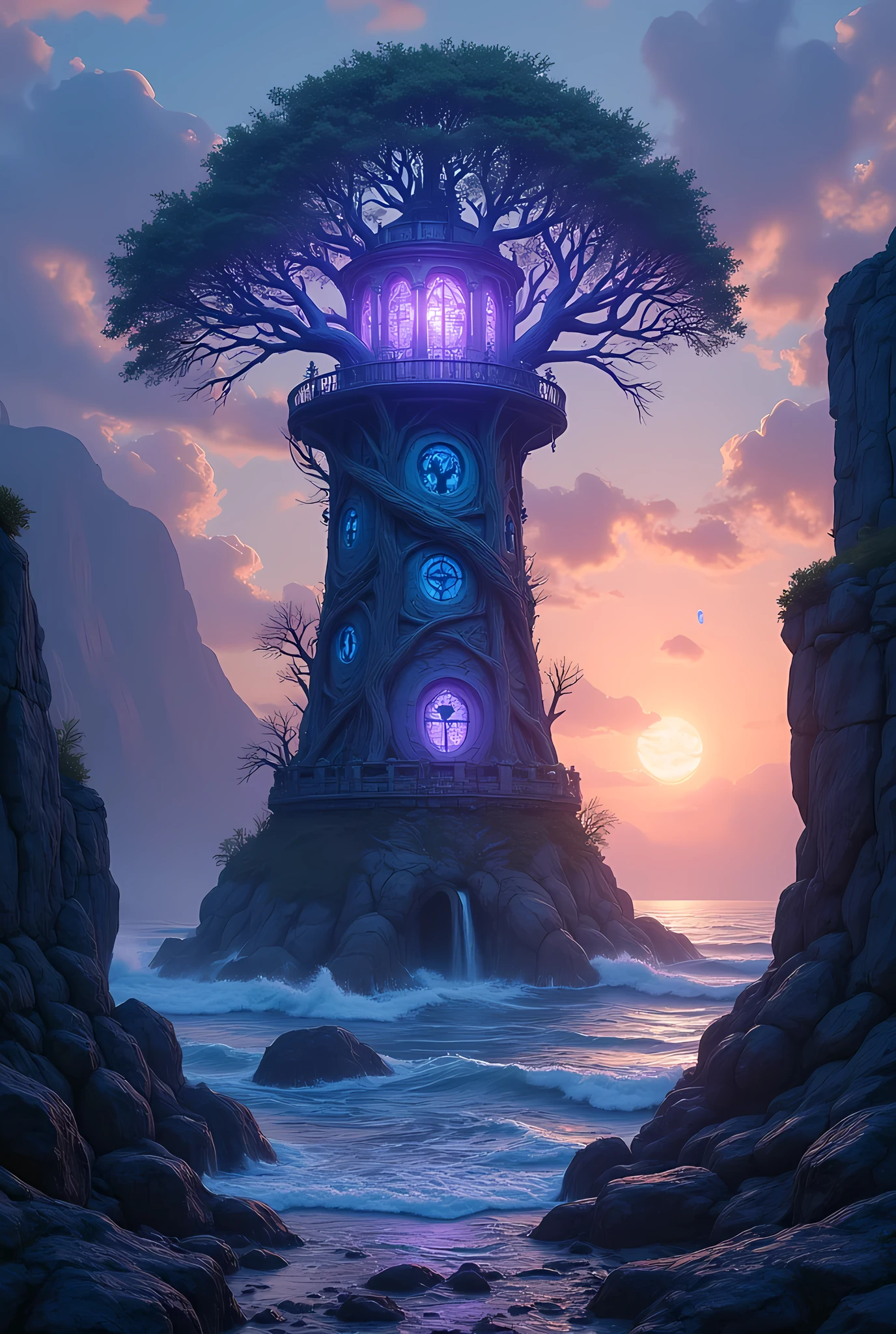 there is a magical lighthouse in built by the elves, it is standing in the sea part of the wall surrounding the city of elves, it is made by tree and has vines climbing its walls. Elven architecture, there are some magical runes on the lighthouse, the runes are blue and purple, the top of the lighthouse sends a beacon of light into the sea, its is sunset, the moon is rising and there are some stars, fantasy art, high fantasy art, magical art, hyp3rd3tail style, 