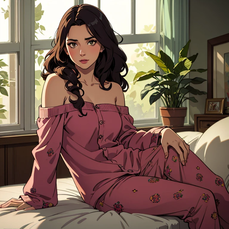 (photorealism:1.2), beautiful woman, sitting on bed, wearing loose off-shoulder top, pajama pants, long curly hair, indoors, soft lighting, plants in background, window with sunlight, cozy room, relaxed pose, realistic, intricate details, warm colors, by Greg Rutkowski, by Alphonse Mucha