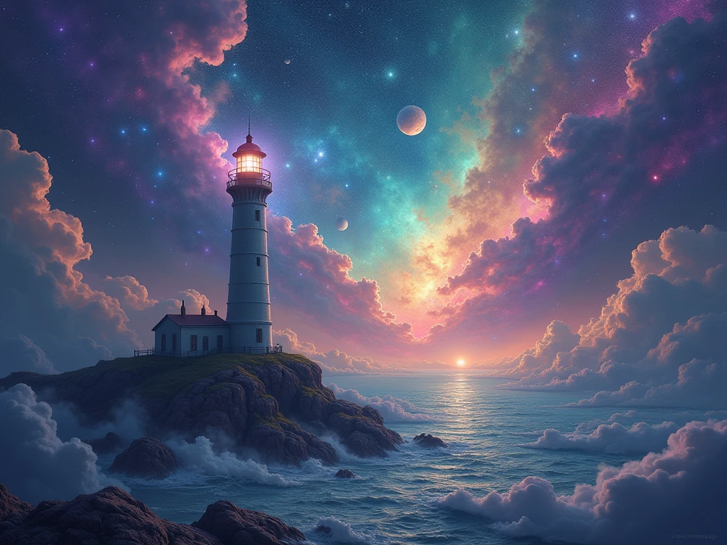 “IMG_2384.CR2: A surreal lighthouse perched on a floating asteroid, drifting in the vastness of space. The lighthouse emits a brilliant silver light that cuts through the cosmic void, illuminating nearby celestial bodies. In the background, vibrant nebulae swirl with hues of purple, teal, and gold, alongside clusters of shimmering stars. Distant planets dot the horizon, adding depth and mystery to the scene. The composition plays with striking contrasts between darkness and radiant galactic light, creating a dreamlike atmosphere. The artwork blends psychedelic elements with the fluidity of digital painting, intensifying the surrealism with thick clouds of colorful cosmic mist. ((Masterpiece)), ((ultra-detailed, 8k quality)), (psychedelic art), (space surrealism), (vivid nebula), (bright silver glow), (digital painting), (fantasy landscape).”