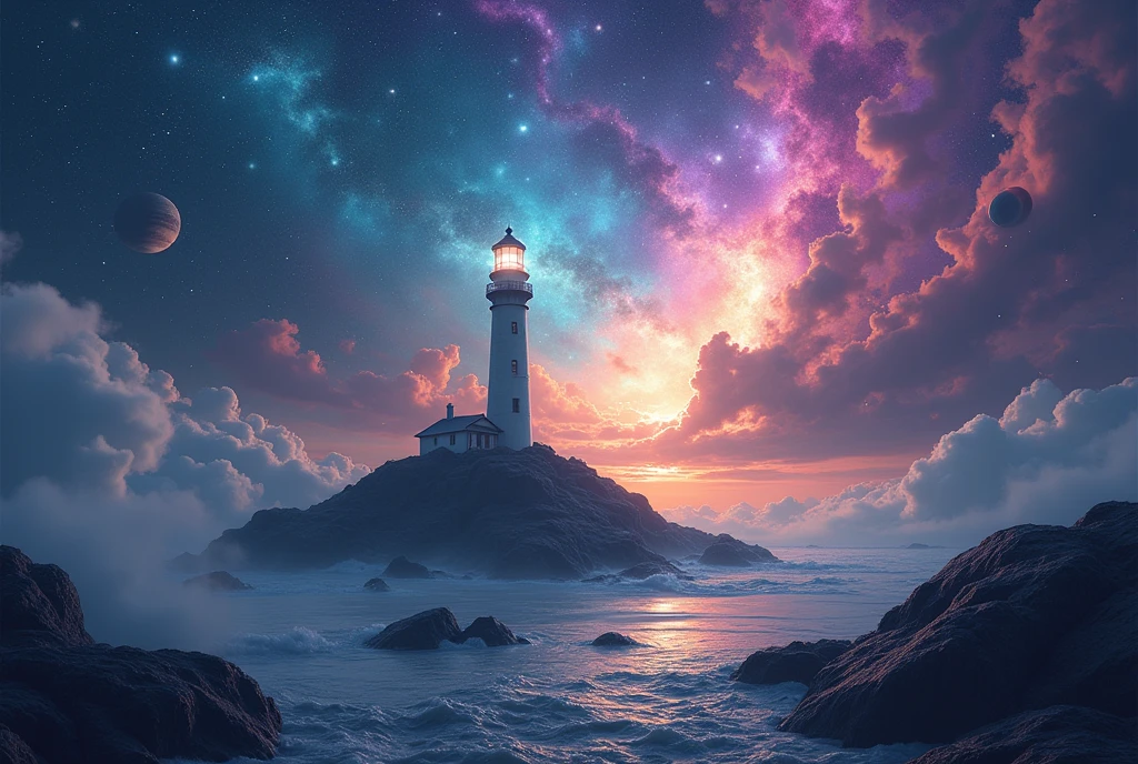 “IMG_2384.CR2: A surreal lighthouse perched on a floating asteroid, drifting in the vastness of space. The lighthouse emits a brilliant silver light that cuts through the cosmic void, illuminating nearby celestial bodies. In the background, vibrant nebulae swirl with hues of purple, teal, and gold, alongside clusters of shimmering stars. Distant planets dot the horizon, adding depth and mystery to the scene. The composition plays with striking contrasts between darkness and radiant galactic light, creating a dreamlike atmosphere. The artwork blends psychedelic elements with the fluidity of digital painting, intensifying the surrealism with thick clouds of colorful cosmic mist. ((Masterpiece)), ((ultra-detailed, 8k quality)), (psychedelic art), (space surrealism), (vivid nebula), (bright silver glow), (digital painting), (fantasy landscape).”