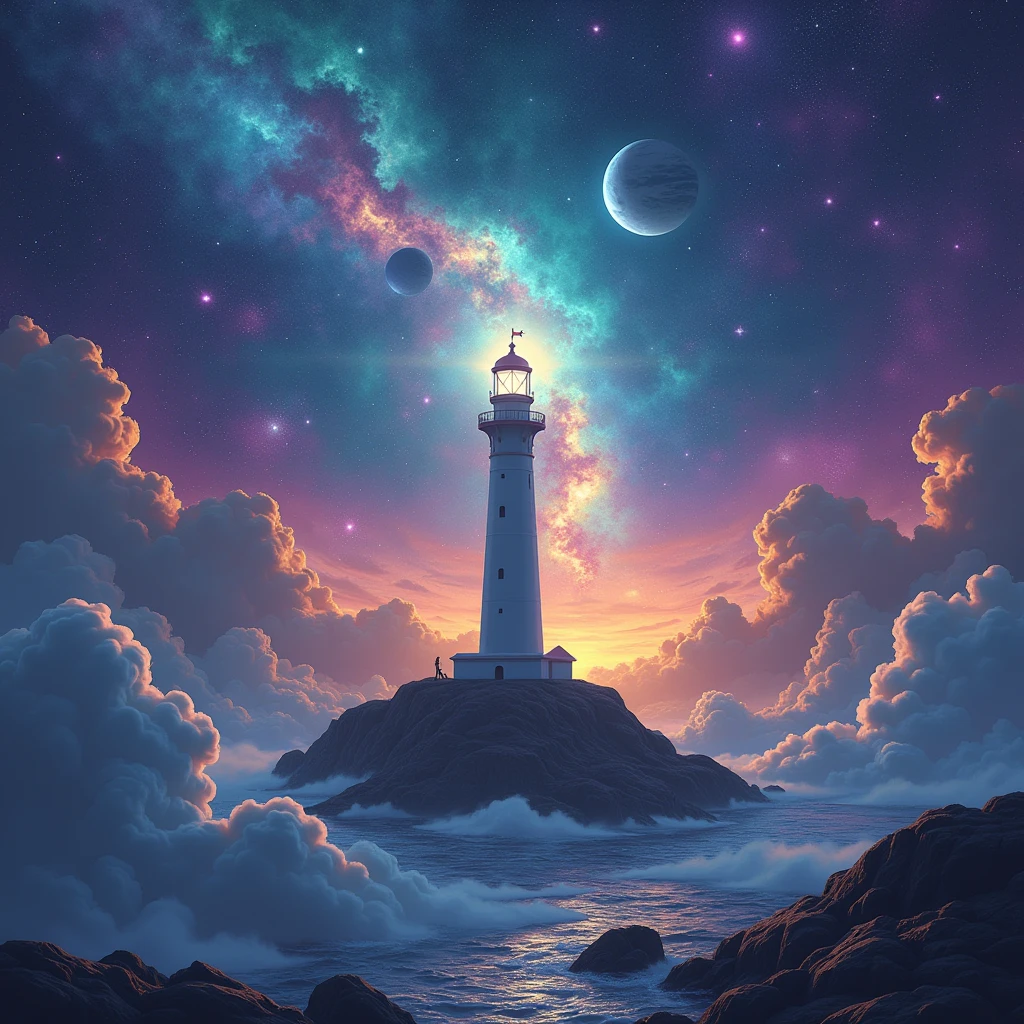 “IMG_2384.CR2: A surreal lighthouse perched on a floating asteroid, drifting in the vastness of space. The lighthouse emits a brilliant silver light that cuts through the cosmic void, illuminating nearby celestial bodies. In the background, vibrant nebulae swirl with hues of purple, teal, and gold, alongside clusters of shimmering stars. Distant planets dot the horizon, adding depth and mystery to the scene. The composition plays with striking contrasts between darkness and radiant galactic light, creating a dreamlike atmosphere. The artwork blends psychedelic elements with the fluidity of digital painting, intensifying the surrealism with thick clouds of colorful cosmic mist. ((Masterpiece)), ((ultra-detailed, 8k quality)), (psychedelic art), (space surrealism), (vivid nebula), (bright silver glow), (digital painting), (fantasy landscape).”