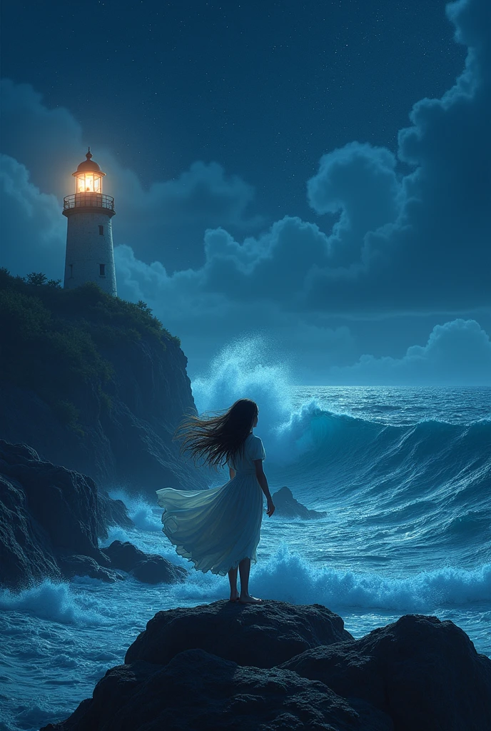 On the Rock Where the Waves Rage There Stands One Beautiful Girl at the Lighthouse Her Hair is Waving in the Wind, Night, stars in the sky, The Lighthouse Shines a Bright Light into the Far Sea, Sea waves crash against the Rocks, masterpiece, of the highest quality, 8 k, Cinema Style,