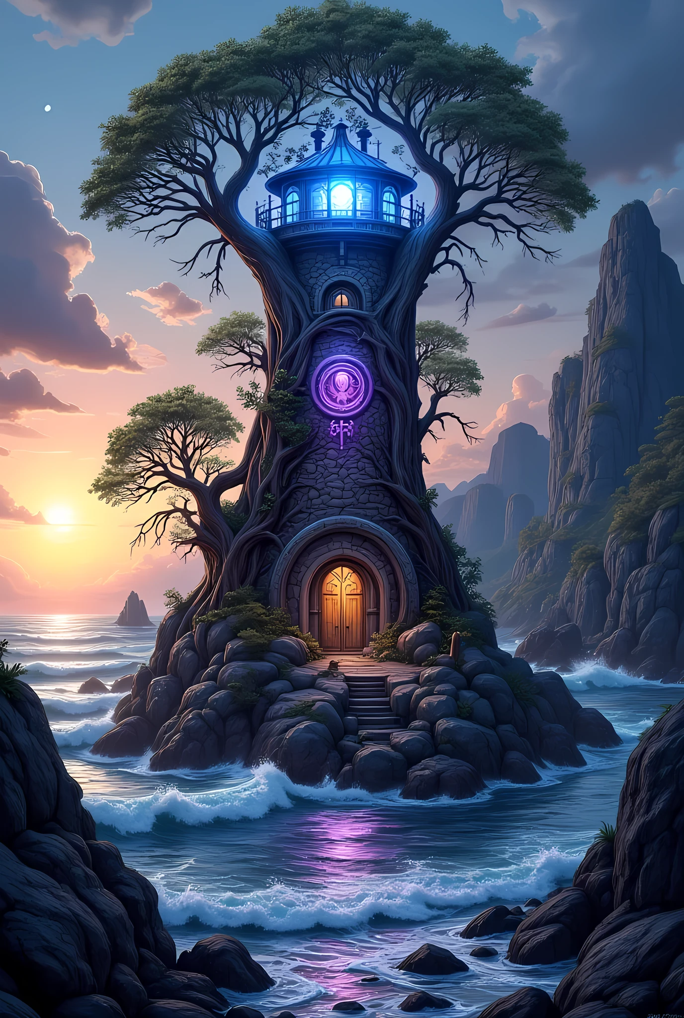 there is a magical lighthouse in built by the elves, it is standing in the sea part of the wall surrounding the city of elves, it is made by tree and has vines climbing its walls. Elven architecture, there are some magical runes on the lighthouse, the runes are blue and purple, the top of the lighthouse sends a beacon of light into the sea, its is sunset, the moon is rising and there are some stars, fantasy art, high fantasy art, magical art, hyp3rd3tail style, 