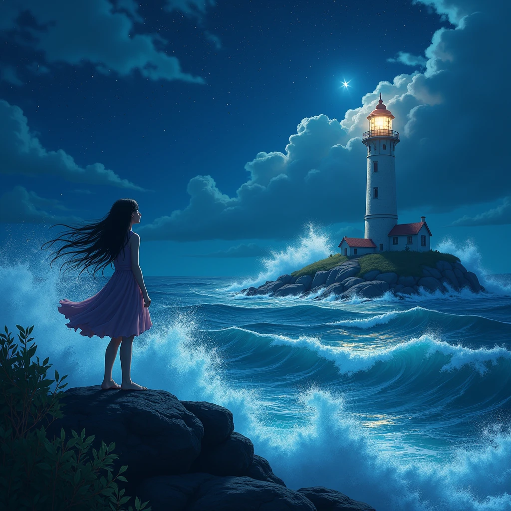 On the Rock Where the Waves Rage There Stands One Beautiful Girl at the Lighthouse Her Hair is Waving in the Wind, Night, stars in the sky, The Lighthouse Shines a Bright Light into the Far Sea, Sea waves crash against the Rocks, masterpiece, of the highest quality, 8 k, Cinema Style,