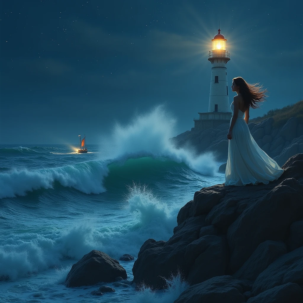 On the Rock Where the Waves Rage There Stands One Beautiful Girl at the Lighthouse Her Hair is Waving in the Wind, Night, stars in the sky, The Lighthouse Shines a Bright Light into the Far Sea, Sea waves crash against the Rocks, masterpiece, of the highest quality, 8 k, Cinema Style,