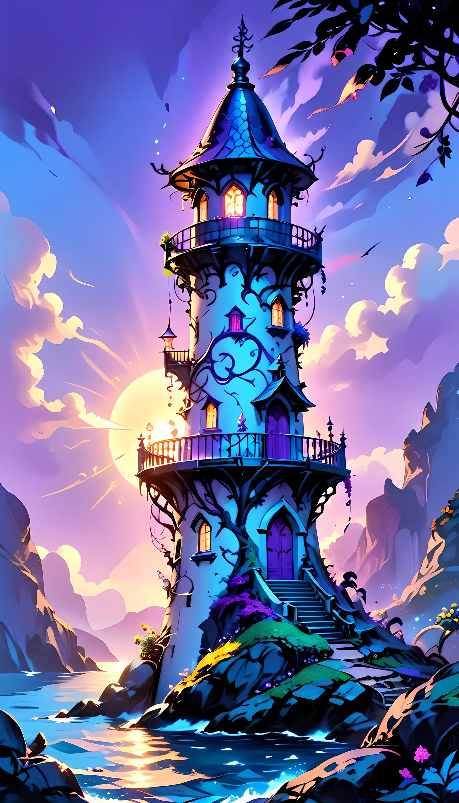 there is a magical lighthouse in built by the elves, it is standing in the sea part of the wall surrounding the city of elves, it is made by tree and has vines climbing its walls. Elven architecture, there are some magical runes on the lighthouse, the runes are blue and purple, the top of the lighthouse sends a beacon of light into the sea, its is sunset, the moon is rising and there are some stars, fantasy art, high fantasy art, magical art, hyp3rd3tail style, 