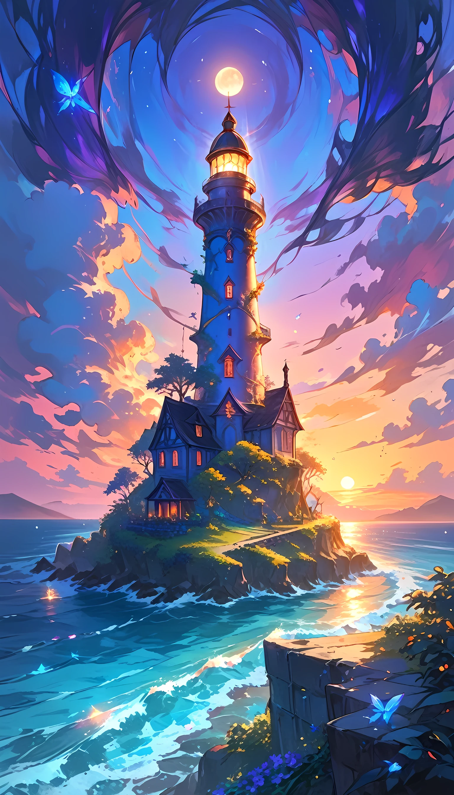 there is a magical lighthouse in built by the elves, it is standing in the sea part of the wall surrounding the city of elves, it is made by tree and has vines climbing its walls. Elven architecture, there are some magical runes on the lighthouse, the runes are blue and purple, the top of the lighthouse sends a beacon of light into the sea, its is sunset, the moon is rising and there are some stars, fantasy art, high fantasy art, magical art, hyp3rd3tail style, 