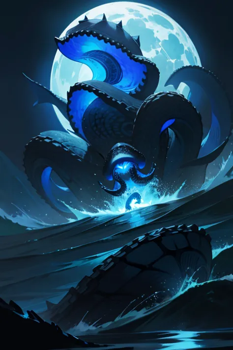 , water, night, glowing, a very artistic illustration of a blue kraken riding a very dark wave, no humans, moon, full moon, water, night, glowing