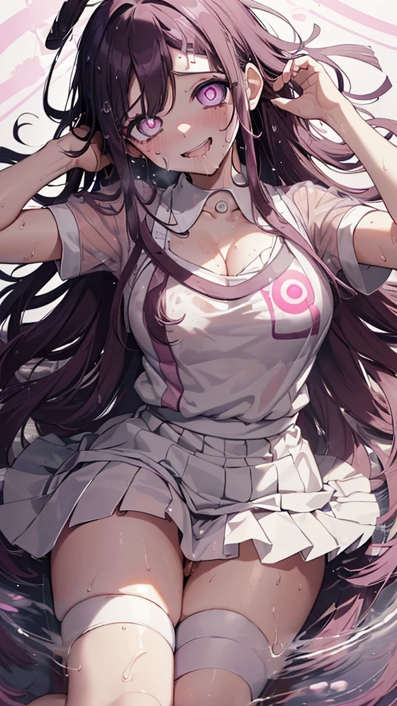 ((mikan tsumiki)),Long Hair,Purple Hair,(Purple eyes:1.3),bangs, blunt bangs,(Patsun),((in danganronpa styles:1.4)),break (wet and apron), bandageを巻かれた足,bandage,wet sky blue mini skirt,(wet and pink shirt),wet pleated skirt, puffy short sleeve,Puff sleeves,two-tone,wet pink shirt,break ((nsfw:1.5)),break ((sitting on the bed:1.2)),(dark bed room),((dark room)),Spread your arms,Sleeveless, (Place your arms behind your head),
break (masterpiece:1.1),(((High resolution:1.3))), Unity 8K Wallpapers,((Highly detailed face:1.2)),(Perfect hands, Perfect Anatomy),embraced,(whirlpool eyes:1.5),((vulgarity ahegao smile:1.5)),(messy hair:1.3),(big eyes:1.4),mental broken,(crazy smile:1.5),(evel grin:1.3),aroused,(ecstasy:1.5),hands own cheek,(((((extremely vulgarity:1.5))))),(disappear),((white heavy breathing:1.4)),(white thin steam:1.4),((bold seductive:1.4)),((Clothes see-through due to sweat:1.3)),(orgasm:1.4),(vulgarity face:1.4),(pupils facing upwards:1.4),(blush:1.4),(pussy juice:1.3),(peel the whites of the eyes:1.2),(pink glowing eyes),((pupils with many circles:1.5)),((drooling:1.4)),(open leg:1.4),((dynamic convulsions:1.4)),((white thin fog:1.3)),(Clothes are transparent:1.1),(wetting wear),(sweaty steam:1.4),(textile shading:1.4)