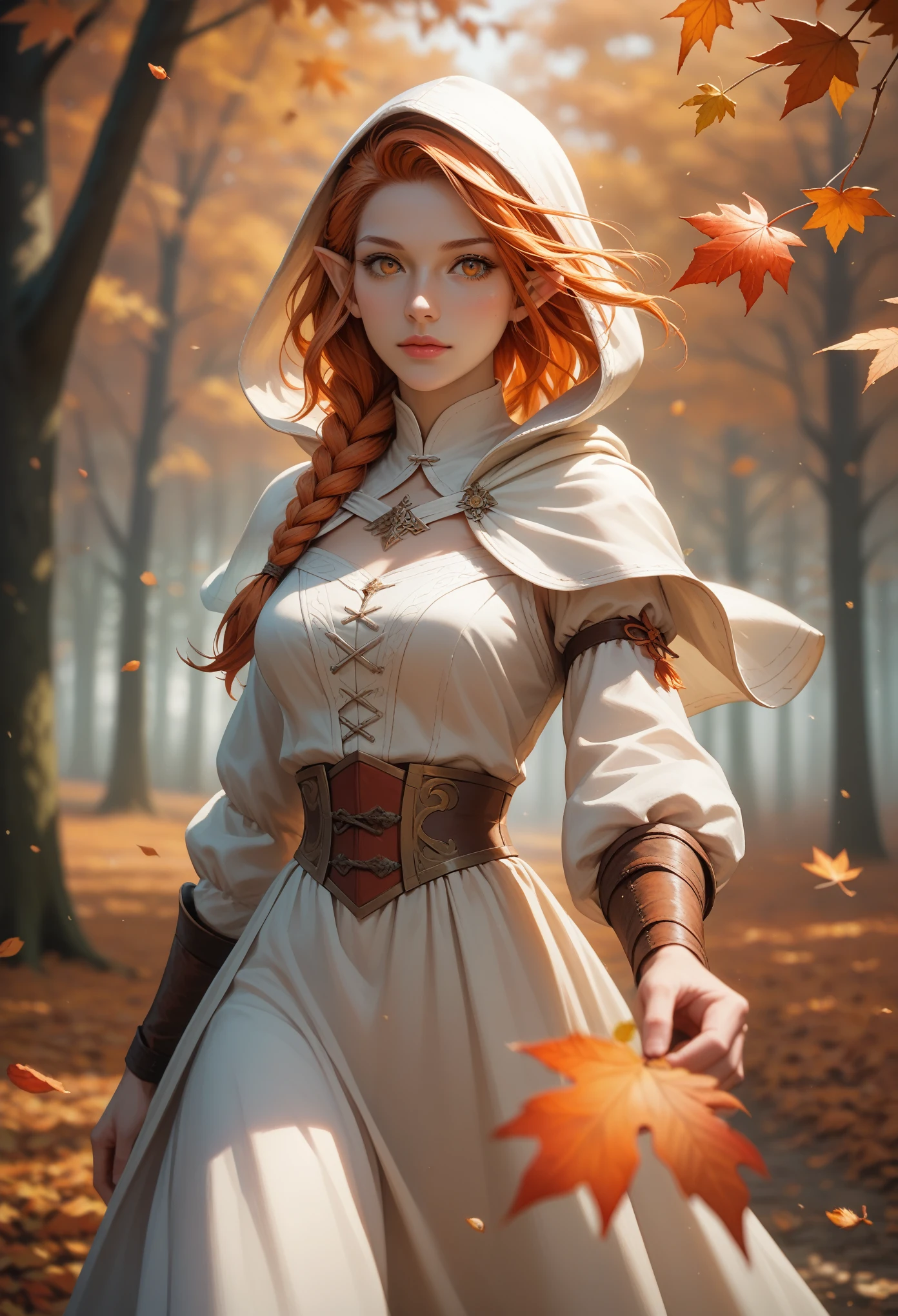 score_9, score_8_up, score_7_up, (masterpiece, UHD, 8K, 16K, ultra detailed), sfw, upperbody shot, 1girl, elf, orange eyes, one side braided hair, ginger hair, holding a red leaf, white dress with hood, intricate details, (murmuring leaves), (wind:1.2), (medieval fantasy), autumn forest background, (depth of field), bokeh, diffused light, dramatic ambient