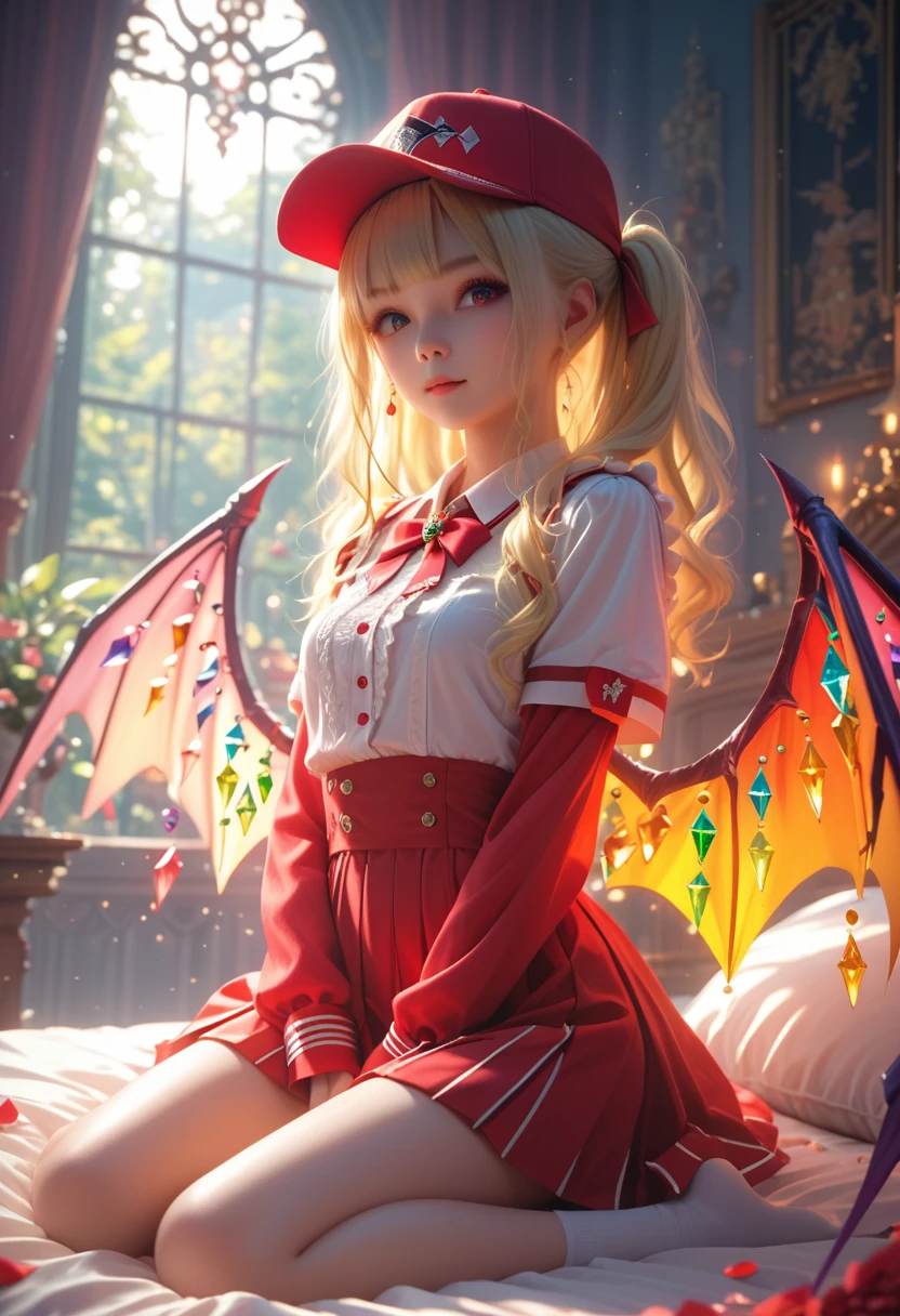 Oriental Project, Flandre Scarlett sits on the bed in JK uniform, Hands crossed at the waist., light yellow hair, warm lighting, Cute, anime, 4K, with demonic wings, cap, masterpiece, whole body, Game of Shadows, Maximum Quality, Full Detailing,