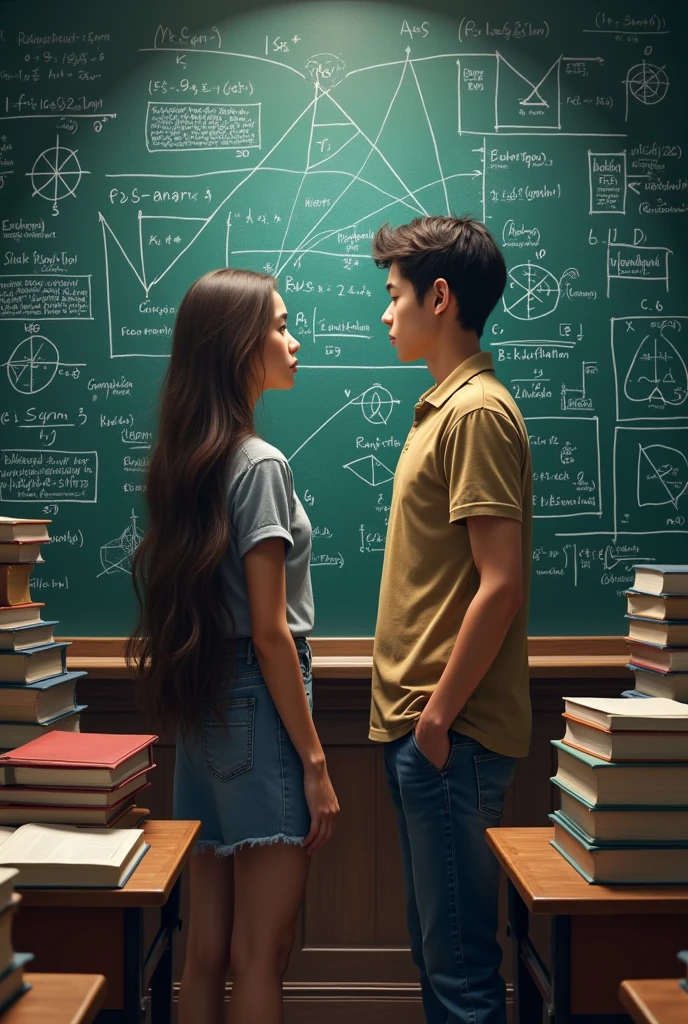 Battle of Minds Solving a Problem on the Board in the Classroom A Girl and a Guy Are Standing Looking at the Board All That Remains Is to Finish the Last Example, and the Solution will be Ready Work Hard to Solve the Problem, Very Realistic Classroom with Lots of Different Books and Notebook Pens, everything is very beautifully put together. There is a spark between them.,