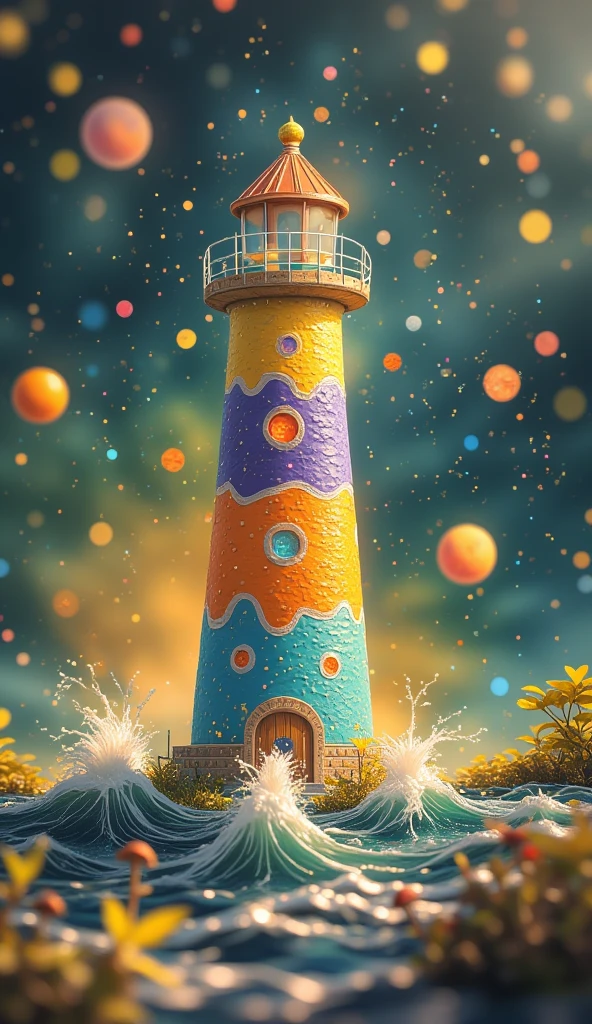 Brightly colored lighthouse，Spiral galaxy on the ocean in the background，A bold beacon on the horizon，Rough seas，Psychedelic Surreal Art, Cosmic Psychedelic Poster Art, Fantasy Art, Psychedelic Art,Vortex Universe，Strong contrast between light and dark，Extreme close-up