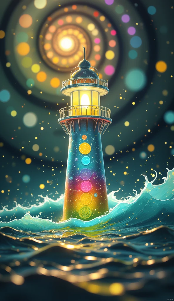 Brightly colored lighthouse，Spiral galaxy on the ocean in the background，A bold beacon on the horizon，Rough seas，Psychedelic Surreal Art, Cosmic Psychedelic Poster Art, Fantasy Art, Psychedelic Art,Vortex Universe，Strong contrast between light and dark，Extreme close-up