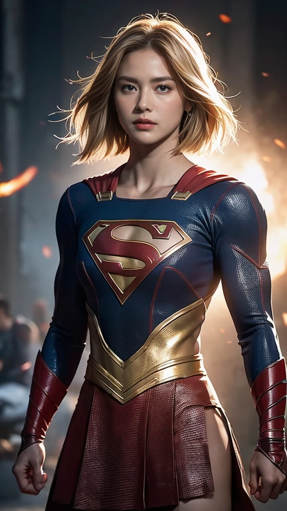 woman、Muscular、Tribal battle clothing、solo, Look at, High resolution, masterpiece, Anatomically correct, Winner of numerous awards, detail, Ultra high definition, Textured skin, Blonde Short Hair、Tight eyes、Narrow eyes、Intimidating、Supergirl、Hero Suit、A grand atmosphere、