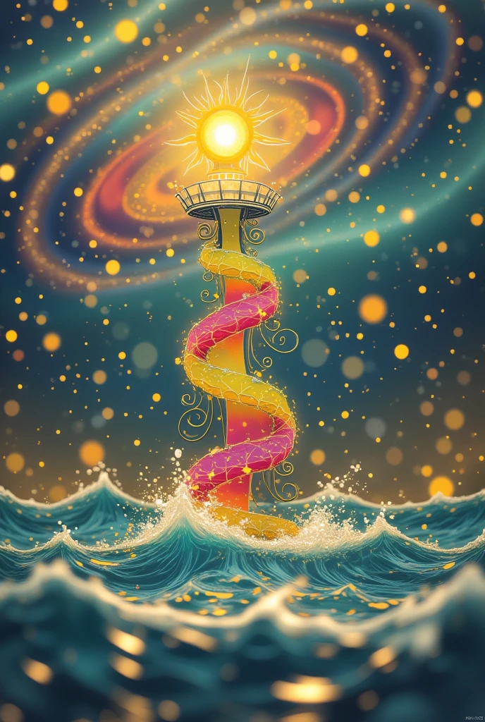 Brightly colored lighthouse，Spiral galaxy on the ocean in the background，A bold beacon on the horizon，Rough seas，Psychedelic Surreal Art, Cosmic Psychedelic Poster Art, Fantasy Art, Psychedelic Art,Vortex Universe，Strong contrast between light and dark，Extreme close-up