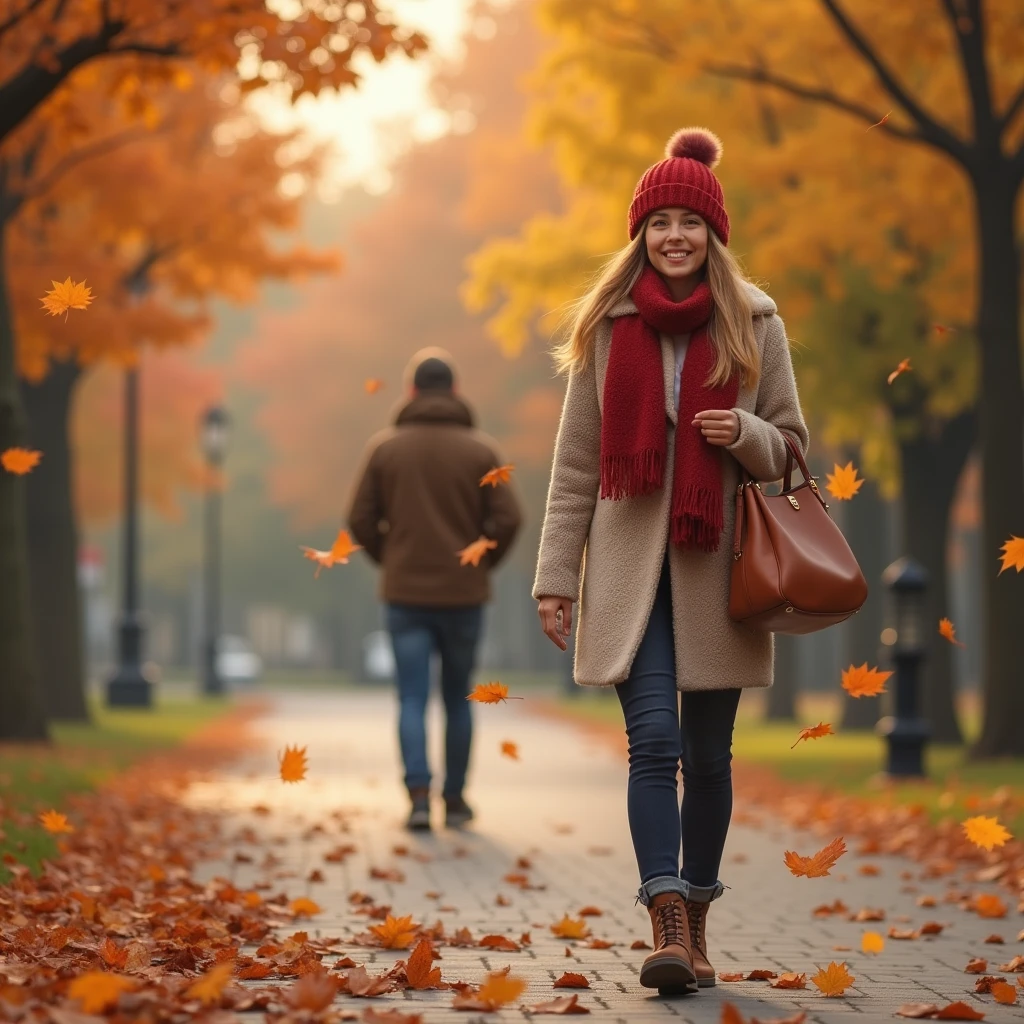 Autumn Girl in a Red Scarf Warm Hat, Sweater Soft and warm, Walking through the Park Leaves are Falling, Lots of Leaves, A Guy in a Warm Jacket and Hat Walks Towards You, They Cross Eyes Very Realistic Steps, Walking along the Paved Path, The girl has a handbag,