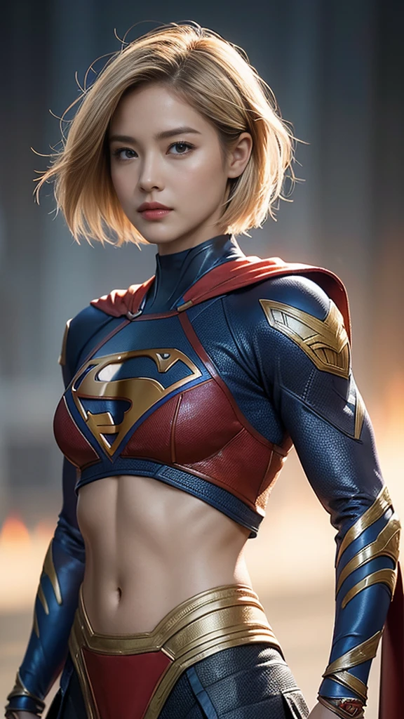 woman、Muscular、Tribal battle clothing、solo, Look at, High resolution, masterpiece, Anatomically correct, Winner of numerous awards, detail, Ultra high definition, Textured skin, Blonde Short Hair、Tight eyes、Narrow eyes、Intimidating、Supergirl、Hero Suit、A grand atmosphere、