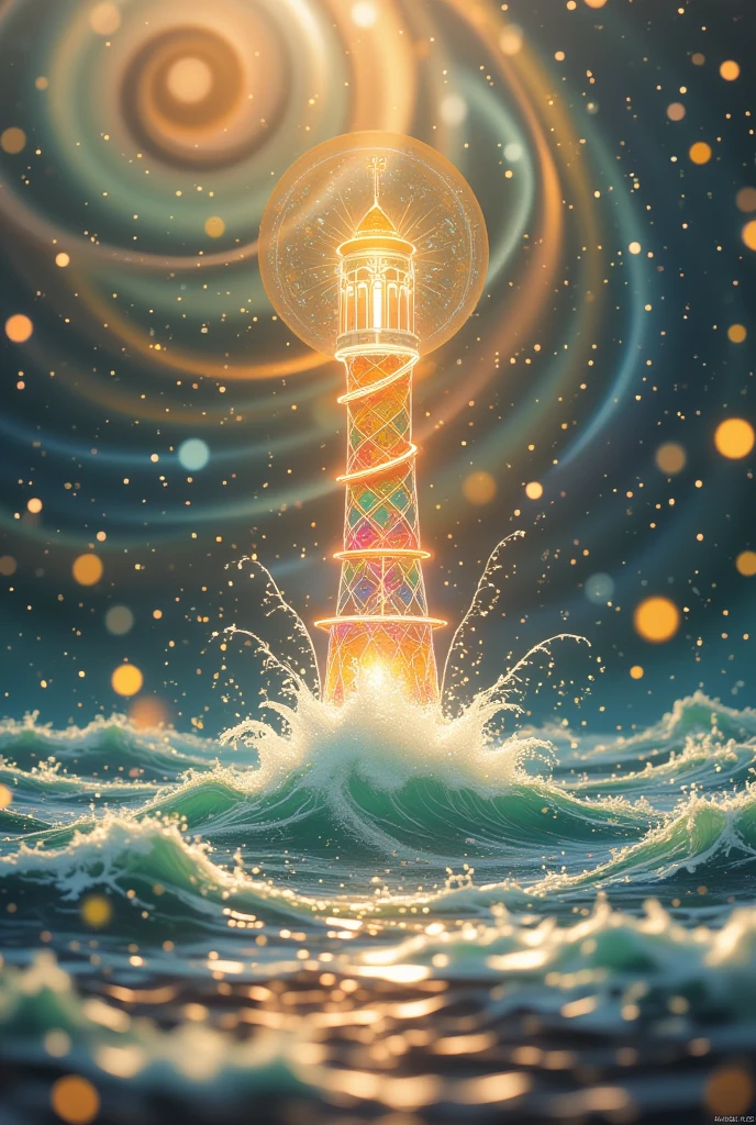 Brightly colored lighthouse，Spiral galaxy on the ocean in the background，A bold beacon on the horizon，Rough seas，Psychedelic Surreal Art, Cosmic Psychedelic Poster Art, Fantasy Art, Psychedelic Art,Vortex Universe，Strong contrast between light and dark，Extreme close-up