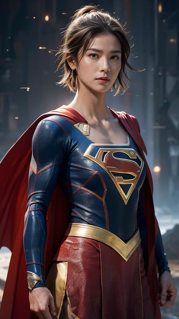 woman、Muscular、Tribal battle clothing、solo, Look at, High resolution, masterpiece, Anatomically correct, Winner of numerous awards, detail, Ultra high definition, Textured skin, Very short hair with shaved sides、Tight eyes、Narrow eyes、Intimidating、Supergirl、Hero suit with cape、A grand atmosphere、