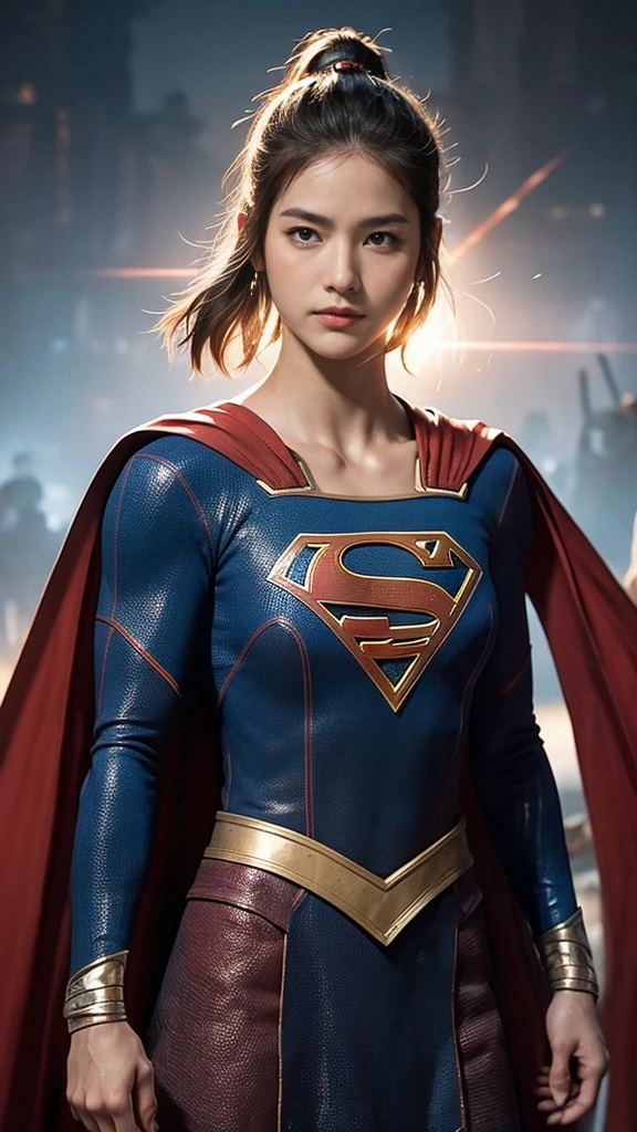 woman、Muscular、Tribal battle clothing、solo, Look at, High resolution, masterpiece, Anatomically correct, Winner of numerous awards, detail, Ultra high definition, Textured skin, Very short hair with shaved sides、Tight eyes、Narrow eyes、Intimidating、Supergirl、Hero suit with cape、A grand atmosphere、