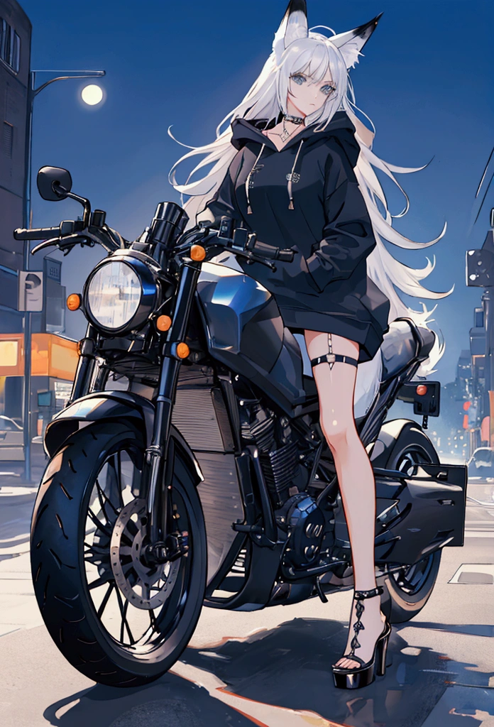 masterpiece, best quality,  HD,  focus,  Night , Full moon, background big city,   parking, laden 24h , black motorcycle sport,  Fox girl, with fox ear and tail,  silver-blue very very long,  tight-fitting body white,  blue-grey eyes ,Cross ,necklace,  overknee black sheer,  hoodie black opened, high-heeled shoes,  caresses the motorcycle, sensual look to observe,  