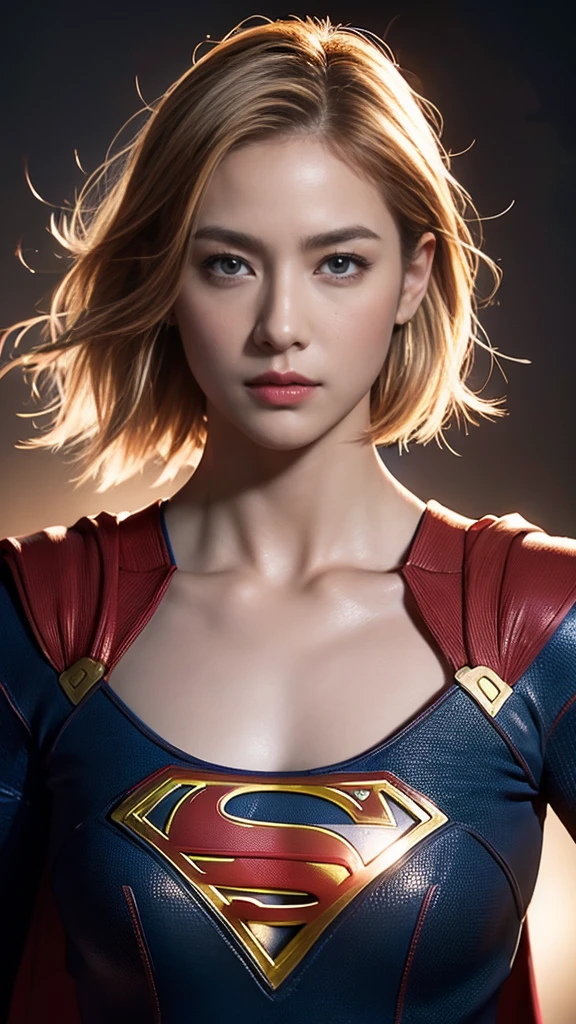 woman、Muscular、solo, Look at, High resolution, masterpiece, Anatomically correct, Winner of numerous awards, detail, Ultra high definition, Textured skin, Blonde Short Hair、Tight eyes、Narrow eyes、Intimidating、Supergirl、A grand atmosphere、