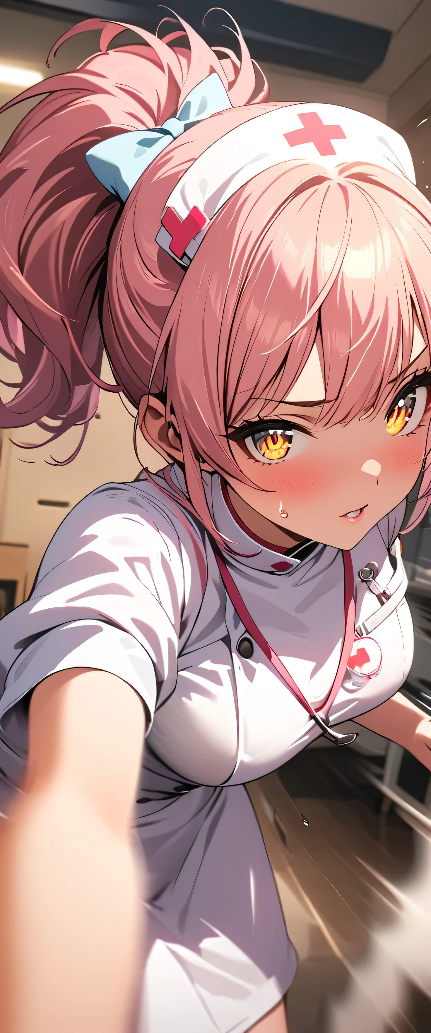 (beautiful girl: 1.3),One girl,masterpiece,Please redeem,Ultra-high resolution,Rich contrast,Very high quality,8k,Highly detailed CG unit wallpaper,Texture,So ridiculous,RAW Photos,Please redeem anime,Depth of written boundary 1.2,ultra-detailed eyes,Glowing Skin,Glitter Effect,Beautiful glossy lips,(pink hair, yellow eyes),Nurse uniform,Nurse working in hospital,(syringe),white Nurse uniform,Large Breasts,hair bow,(syringeを上に上げる),(Motion Blur:2.0),sweat,sweatdrop,eye roll