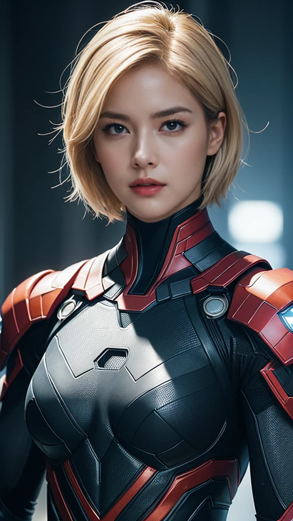 woman、Muscular、(((solo,))), Large Breasts、Look at, High resolution, masterpiece, Anatomically correct, Winner of numerous awards, detail, Ultra high definition, Textured skin, Blonde Short Hair、Tight eyes、Narrow eyes、Intimidating、marvel、Marvel Superheroes、Hero suits with black as the main color、A grand atmosphere、New Hero、