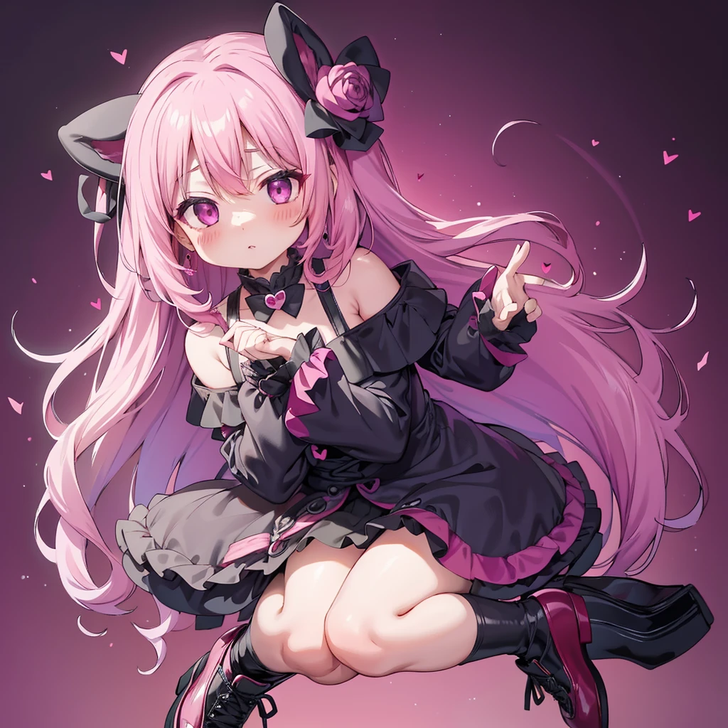 Attractive face、Chibi、Magenta Background、Black clothes、Long sleeves with flared cuffs、Shoulders are exposed、One piece flare skirt、Rabbit with stuffed toy、Black and magenta palette、Gothic Shoes、Positive、Black Rose、🌙、Perfect Anatomy、heart、