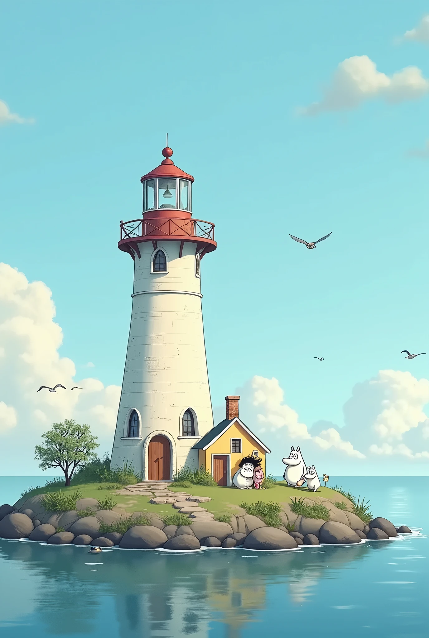 masterpiece,8k,High image quality,Detailed Eyes,A lighthouse on a small island in a calm sea。The island is covered with rocks and grass.、The sea is blue and calm。The Moomin family is gathered near the tall, large lighthouse.、Moominpappa gazes out at the distant horizon with a sense of adventure.、Moominmamma is smiling gently as she prepares for a picnic outside.。Moomin looks up at the lighthouse curiously.、Little My runs around with a mischievous smile。In the background, a slightly cloudy sky spreads out.、Seabirds fly in the distance。Warmth and tranquility coexist、A peaceful scene。