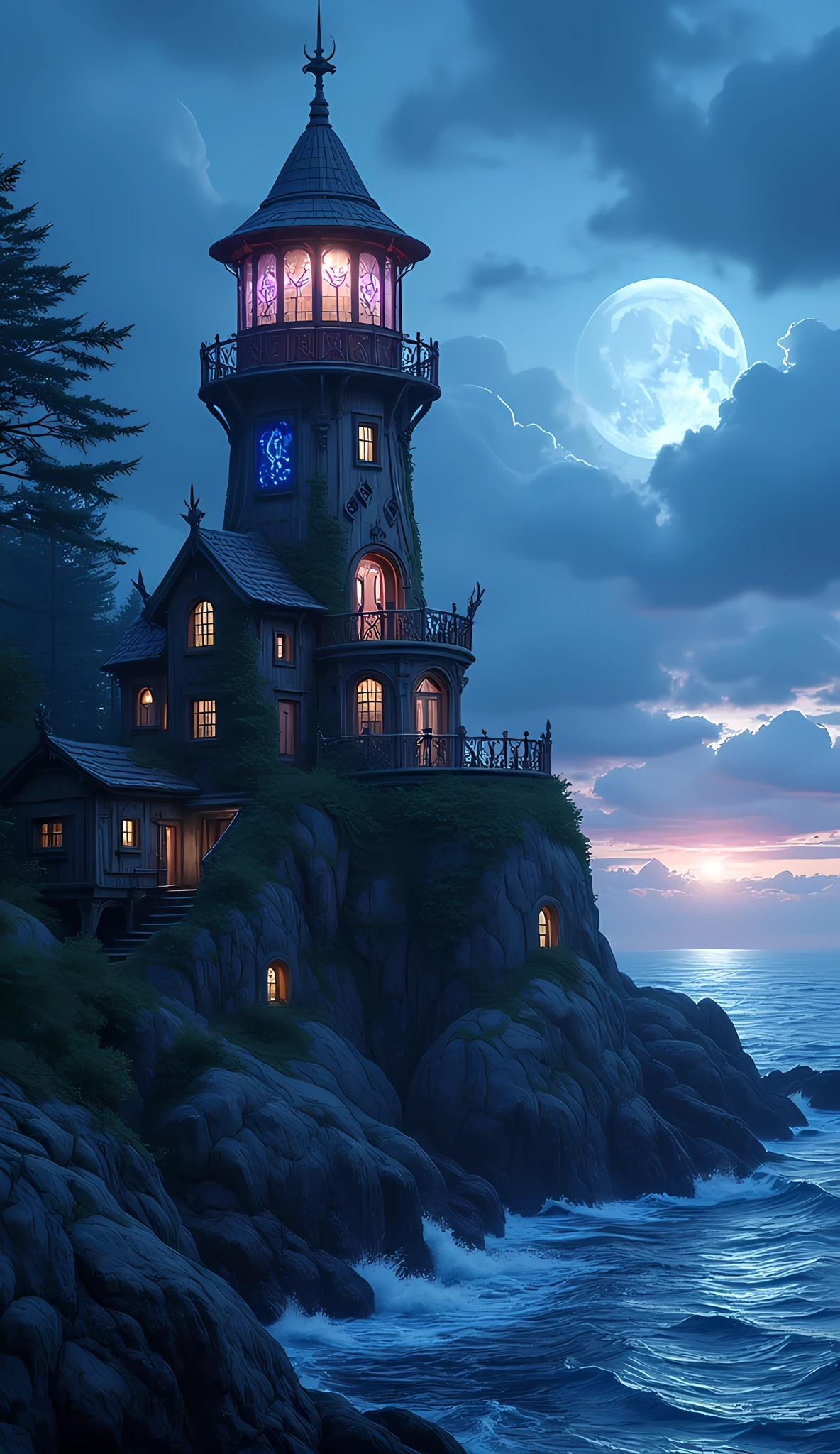 there is a magical lighthouse in built by the elves, it is standing in the sea part of the wall surrounding the city of elves, it is made by tree and has vines climbing its walls. Elven architecture, there are some magical runes on the lighthouse, the runes are blue and purple, the top of the lighthouse sends a beacon of light into the sea, its is sunset, the moon is rising and there are some stars, fantasy art, high fantasy art, magical art, hyp3rd3tail style, 