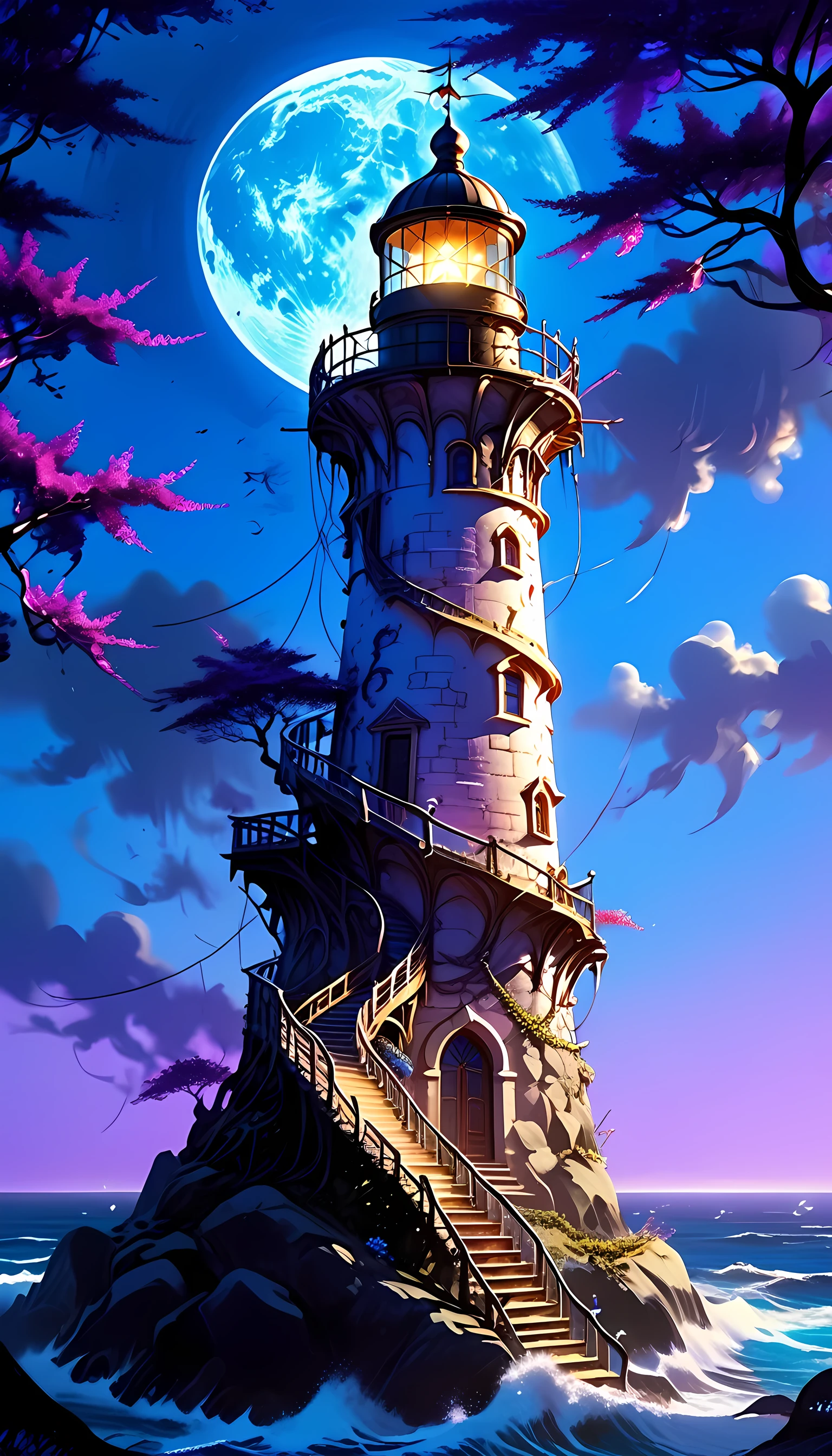 there is a magical lighthouse in built by the elves, it is standing in the sea part of the wall surrounding the city of elves, it is made by tree and has vines climbing its walls. Elven architecture, there are some magical runes on the lighthouse, the runes are blue and purple, the top of the lighthouse sends a beacon of light into the sea, its is sunset, the moon is rising and there are some stars, fantasy art, high fantasy art, magical art, hyp3rd3tail style, 