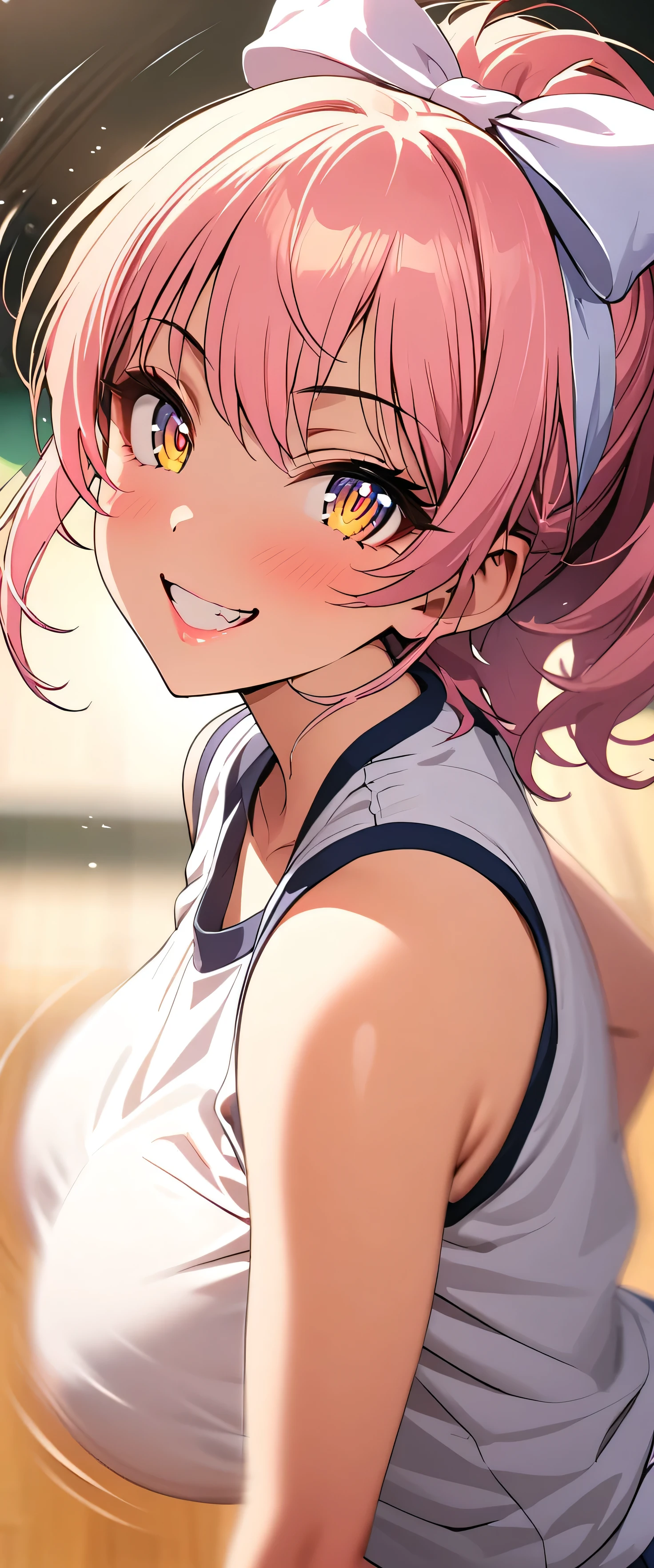 (beautiful girl: 1.3),One girl,masterpiece, Please redeem, Ultra-high resolution,Rich contrast,Very high quality,8k,Highly detailed CG unit wallpaper,Texture,So ridiculous,Ultra-high resolution,RAW Photos,Please redeem anime,Depth of written boundary 1.2,(pink hair, yellow eyes,),ultra-detailed eyes,Glowing Skin,Glitter Effect,Beautiful glossy lips,makeup,(school gym clothes),school gym,mika jougasaki,(Large Breasts),hair bow,(Rear View:1.5),grin,(Motion Blur:2.0)